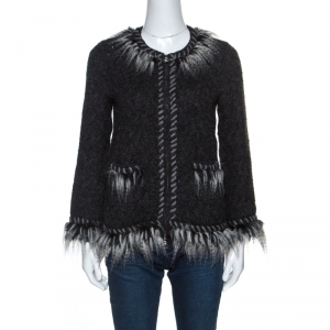Chanel Grey Perforated Wool Faux Fur Trimmed Zip Front Jacket M