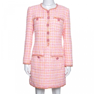 Chanel Pink Tweed Sequin Detail Long Sleeve Dress M