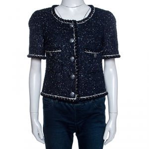 Chanel Navy Blue Textured Short Sleeve Jacket M