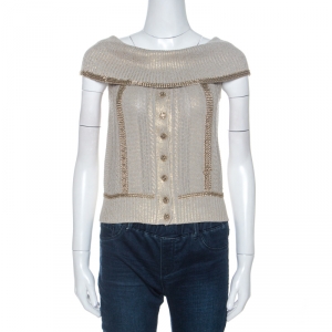 Chanel Ecru Metallic Print Knit Chain Detail off Shoulder Top S