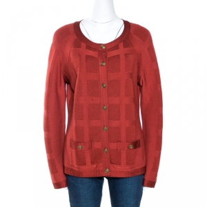 Chanel Brick Red Textured Knit Button Front Cardigan L