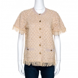 Chanel Beige Eyelet Knit Fringed Button Front Cardigan M