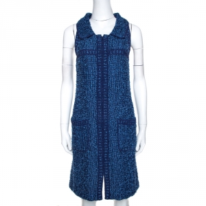 Chanel Blue Boucle Tweed Sleeveless Shift Dress M