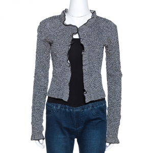 Chanel Monochrome Textured Camelia Pattern Detail Cropped Jacket M