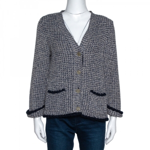 Chanel Navy Blue & Beige Cotton Blend Lurex Knit Cardigan L
