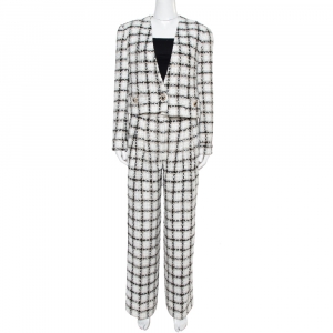 Chanel White Checked Tweed Wide Leg Trouser Suit M