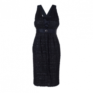 Pre Owned Chanel Black Tweed Metallic Dress M