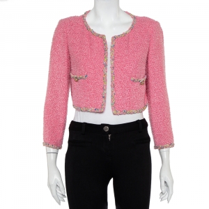 Pre Owned Chanel Pink Tweed Open Front Cropped Jacket M