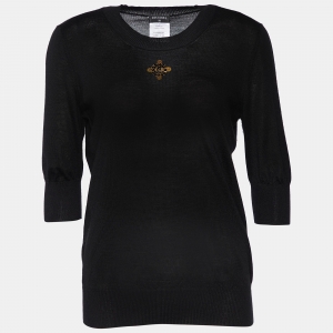 Chanel Black Logo Embellished Cashmere & Silk Round Neck Sweater M