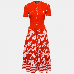 Chanel Red Floral Printed Stretch Knit Zip-Up Midi Dress M