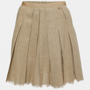 Chanel Tan Brown Linen Pleated Mini Skirt M