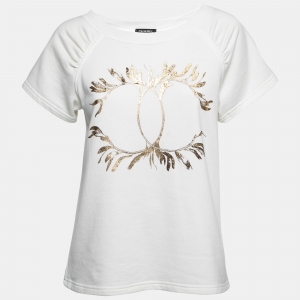Chanel White Logo Print Cotton Boat Neck T-Shirt XS