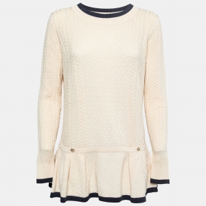Chanel Cream & Blue Contrast Knit Pullover Top L