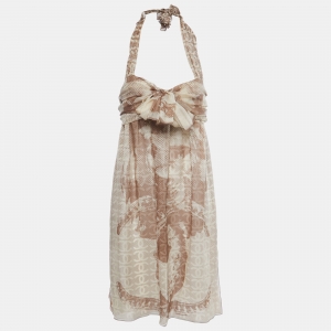 Chanel Brown Printed Silk Chiffon Knot-Detail Mini Dress M