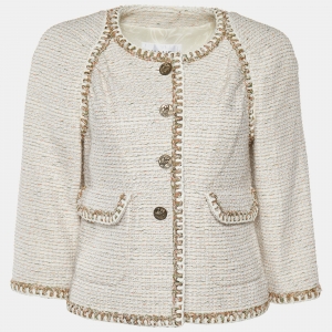 Chanel White Tweed Button Front Jacket M