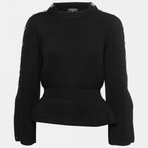 Chanel Black Knit Button Embellished Peplum Sweater M