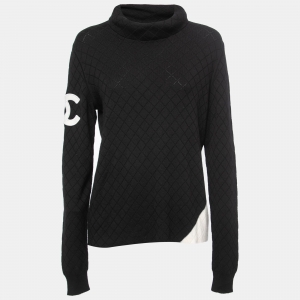 Pre Owned Chanel Black Diamond Textured Knit Turtleneck Sweater M
