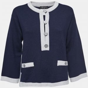 Chanel Navy Blue Cashmere Buttoned Sweater Top M