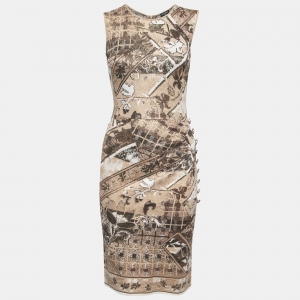 Chanel Beige/Brown  Jacquard Knit Button Detail Sleeveless Dress S