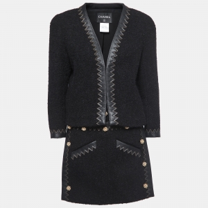 Chanel Black Boucle Wool Leather Trimmed Salzburg Skirt Suit M