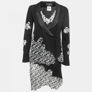 Pre Owned Chanel Monochrome Textured Knit & Woven Inset Sleeveless Jacket Dress Set S