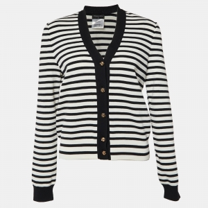 Chanel Black & White Striped Cotton Knit Cardigan M