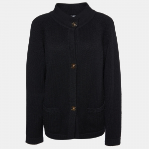 Pre Owned Chanel Black Cashmere Knit CC Turnlock Detail Cardigan L
