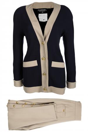 Chanel Navy Blue and Beige Wool Pant Suit S