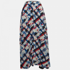 Pre Owned Chanel White Printed Silk Zip Front Maxi Skirt L