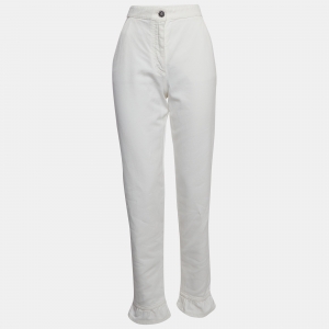 Pre Owned Chanel White Denim Ruffled Hem High Rise Jeans S Waist 27"