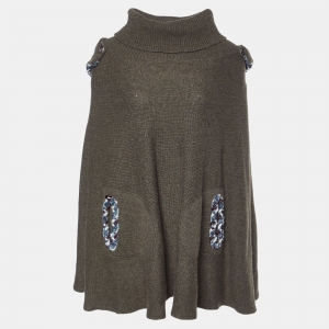 Chanel Green Cashmere Knit Detachable Hood Poncho Sweater M