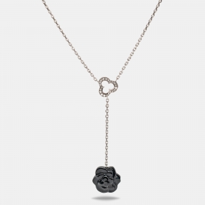 Chanel Camelia Sculpte Diamond Onyx 18k White Gold Necklace
