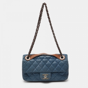 Pre Owned Chanel Blue Quilted Iridescent Leather Medium In-The-Mix Flap Bag