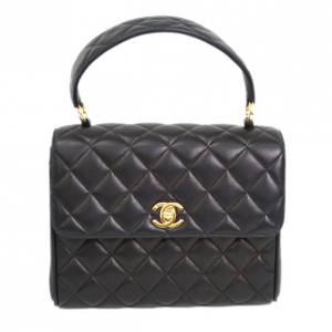 Pre Owned Chanel Black Lambskin Top Handle Flap Bag