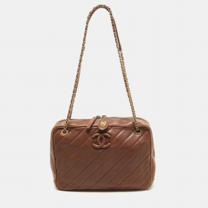 Pre Owned Chanel Brown Diagonal Quilted Leather CC Covered Signature Flap Bag