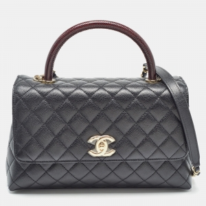 Pre Owned Chanel Black Quilted Caviar Leather and Lizard Embossed Small Coco Top Handle Bag