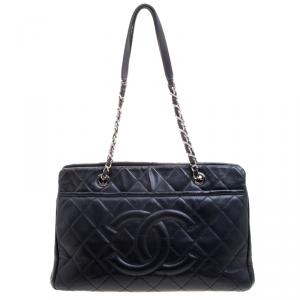 Pre Owned Chanel Black Quilted Caviar Leather CC Timeless Tote