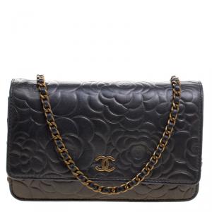 Chanel Metallic Black Leather Camellia Wallet on Chain