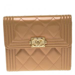 Chanel Beige Quilted Patent Leather Boy Compact Wallet