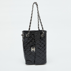 Pre Owned Chanel Black Quilted Patent Leather Sideways Flap Shoulder Bag