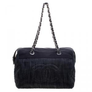 Chanel Navy Blue Quilted Denim CC Bowling Bag