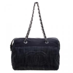 Pre Owned Chanel Navy Blue Quilted Denim CC Bowling Bag