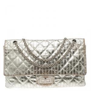 Pre Owned Chanel Silver Quilted Leather Striped Reissue 2.55 Classic 227 Flap Bag