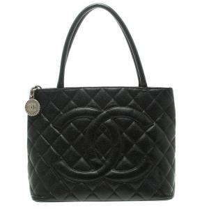 Pre Owned Chanel Black Quilted Caviar Leather Medallion Tote 