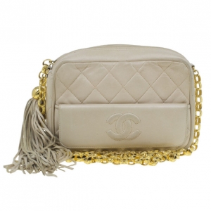 Chanel Beige Quilted Lambskin Shoulder Bag With Tassel