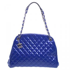 Pre Owned Chanel Blue Quilted Patent Leather Just Mademoiselle Bowling Bag