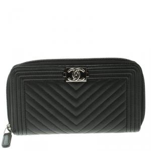 Chanel Black Chevron Leather Boy Zip Around Wallet