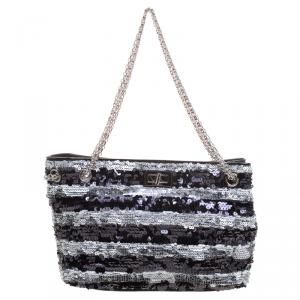 Pre Owned Chanel Black/Silver Stripe Sequins Reissue Shoulder Bag