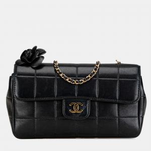 Chanel Black Extra Mini Chocolate Bar Camellia Lambskin Flap