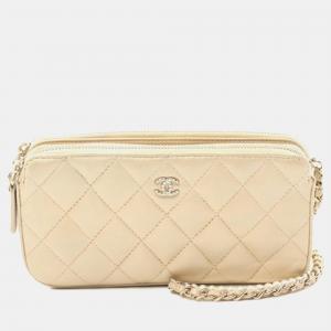 Chanel Gold Quilted Iridescent Lambskin Double Zip Pearl Clutch On Chain